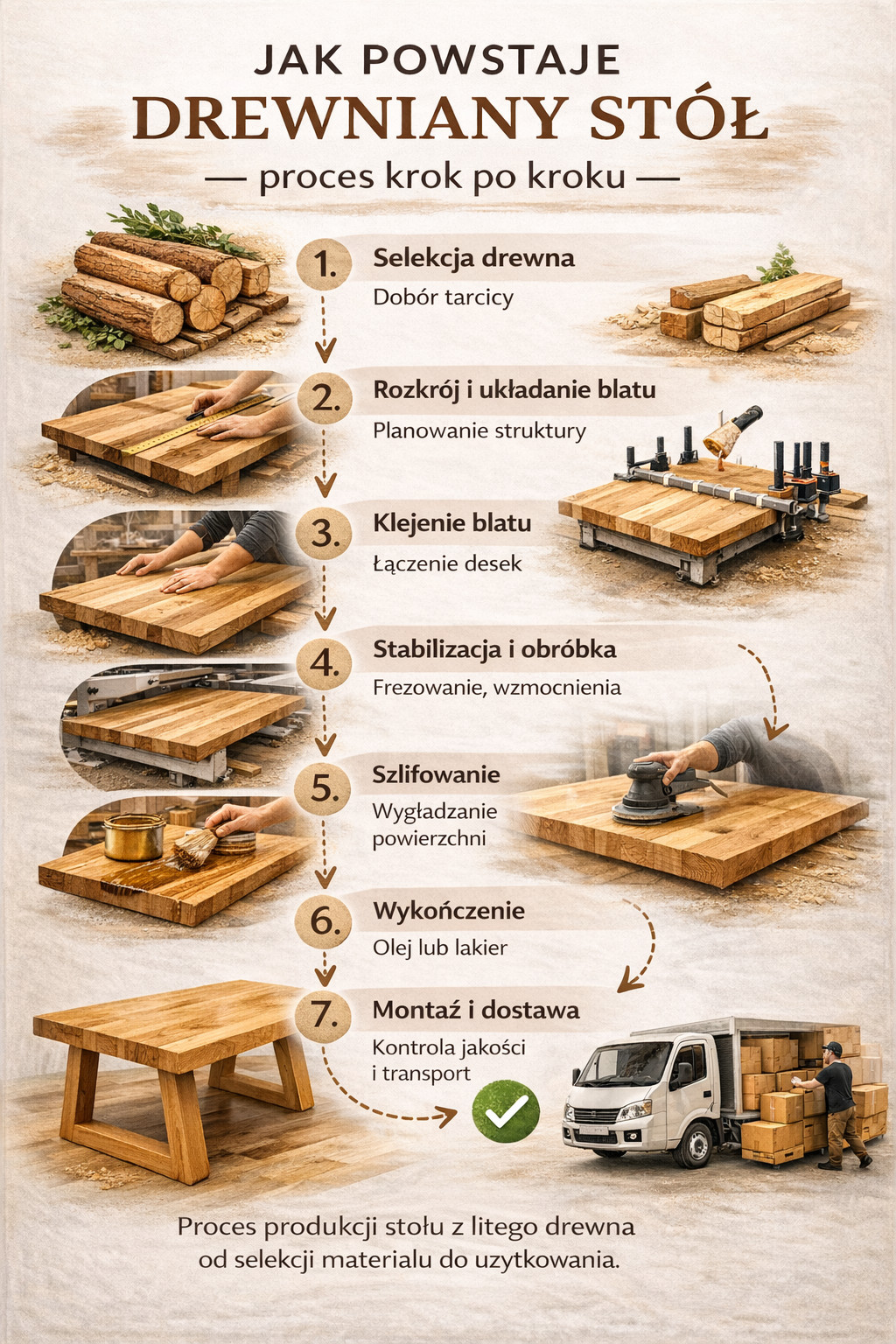 Proces produkcji drewnianego stołu - infografika